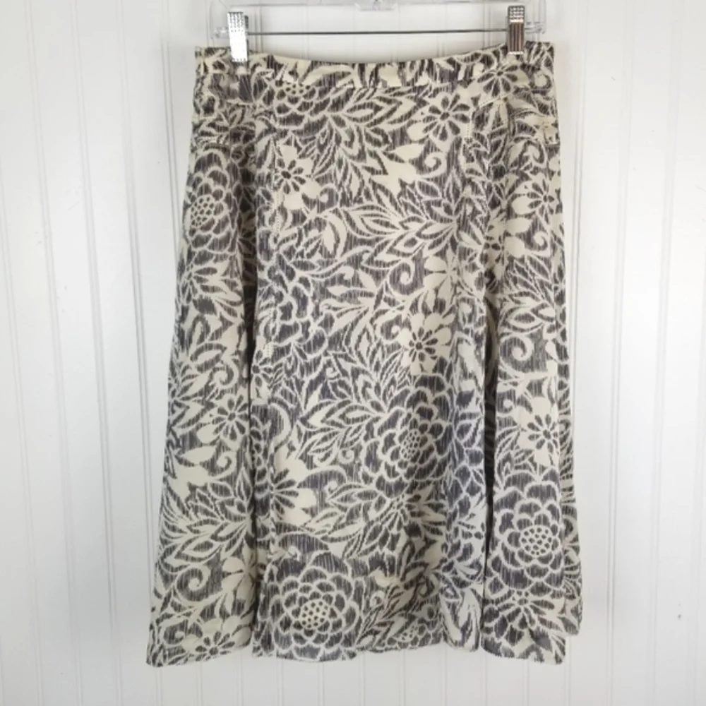 Sigrid Olsen Silk Midi Skirt Womens Size 6 A Line Floral Print Artsy Cream Gray